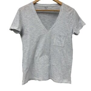 Madewell Womens V Neck Striped Pocket T Shirt Size M White Blue Cotton